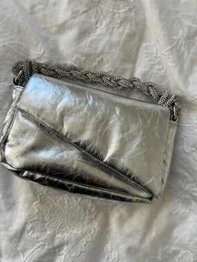 Metallic Silver Women’s Shoulder Bag with Braided Crystal Strap